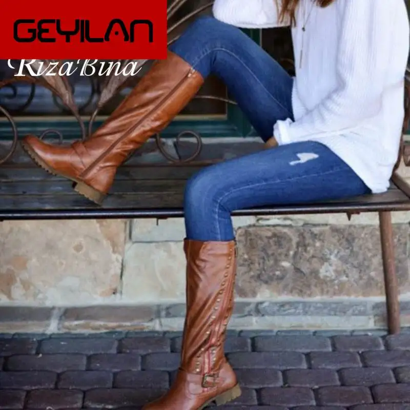 

Knee High Boots For Women Casual Flats Outdoor Shoes Women Winter Knighting Boots Buckle Vintage Footwear Size 34-43