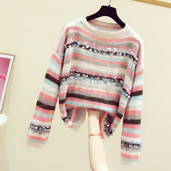 

Fall and Winter Sequined Sweaters Femme Long Sleeve Colour Stripe Knitted Top Womens Loose Knitting Shirt Lady Sweaters Outwear