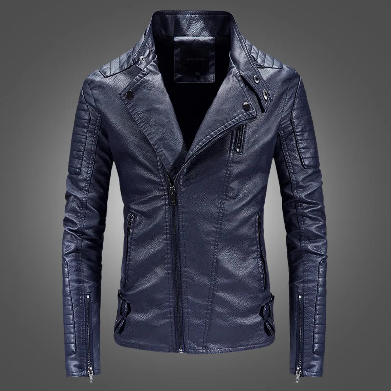 New Style Men'S Wear Washing PU Leather plus Velvet Fold-down Collar Men Slim Fit Locomotive Leather Coat Casual Jacket Men's Fa