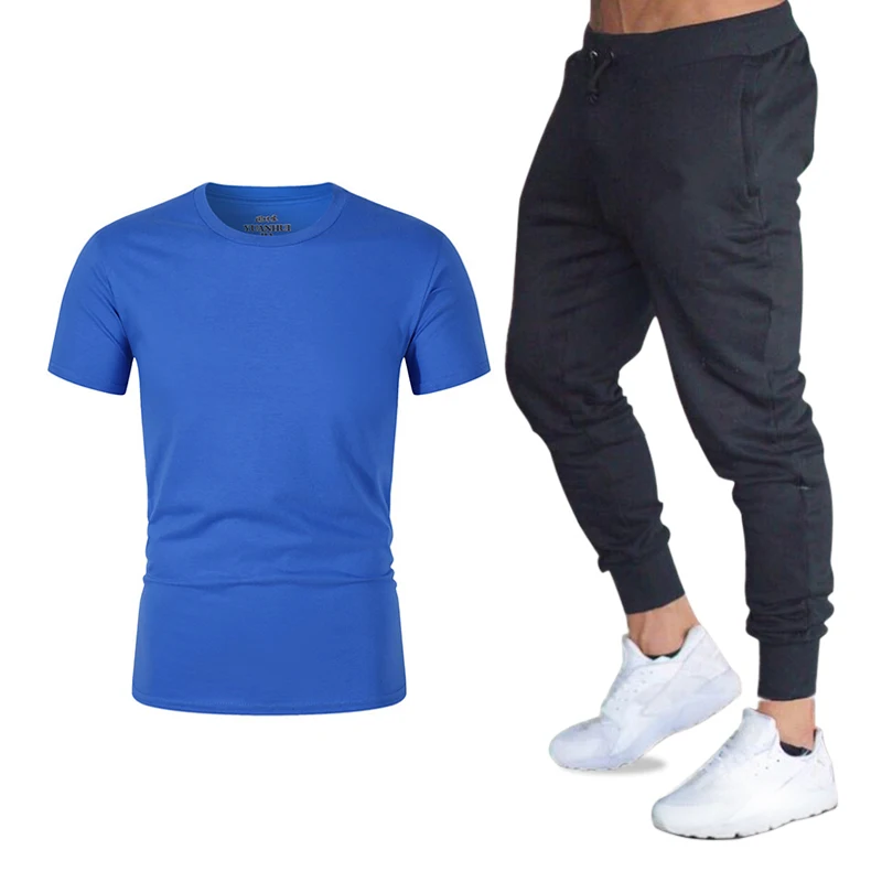 Весенняя и Осенняя новая мужская футболка с коротким рукавом, модная повседневная свободная футболка, Мужские дышащие спортивные штаны для бега, мужской комплект