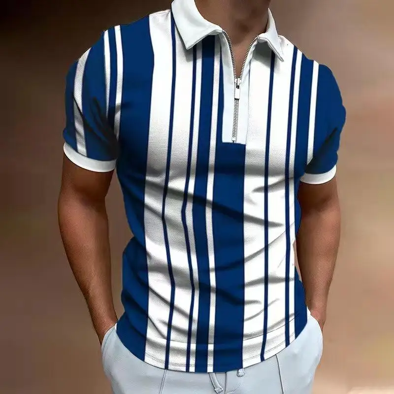 Shirt Fashion Striped Patchwork Short Sleeve Tops For Men Casual Turn-down Collar Zip-up Polo Shirts 2021 Summer Men's Slim Polo