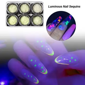 

6 Box Fluorescent Luminous Nail Art Sequins Heart Moon Flower Stars Pattern Power Glow In The Dark Nail Sticker Set Decor