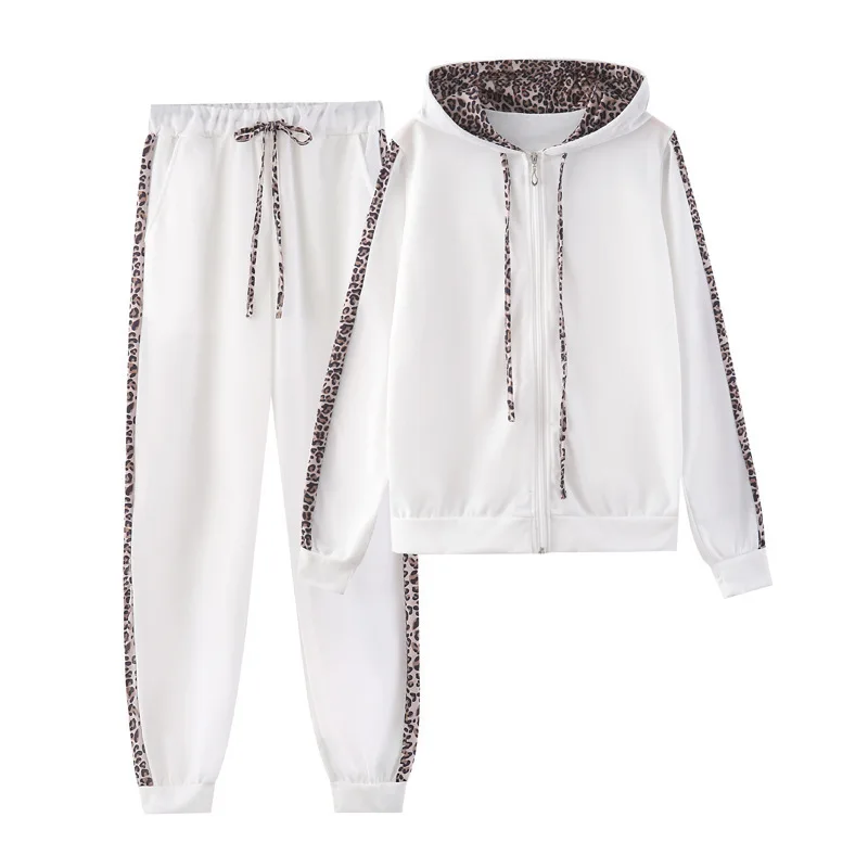 

2020 Amazon European and American New Popular Leopard Print Long-Sleeved Pocket Printed Zip Hoodie Pants Autumn and Winter Women