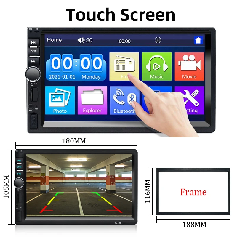 Car Radio 2 Din HD 7" Touch Screen Stereo Bluetooth FM ISO Power Aux Input MP5 Player SD USB With / Without Camera 12V