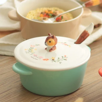 

Japanese personality creative student home large ceramic instant noodle bowl with lid cute binaural rice bowl soup bowl LB63033