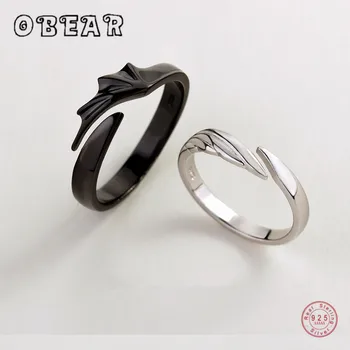 OBEAR 100%  925 Sterling Silver Angel And Devil Couple Rings Wing Feather Opening Rings for Women Men Lovers Party Jewelry 1