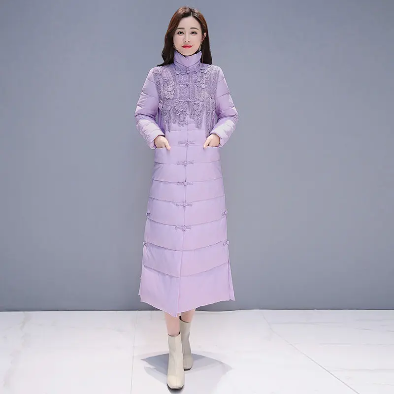 Китайский стиль ретро зимняя куртка женская стоячий воротник Длинные парки дамское Зимнее Пальто однобортное Фиолетовое Женское пальто C5968
