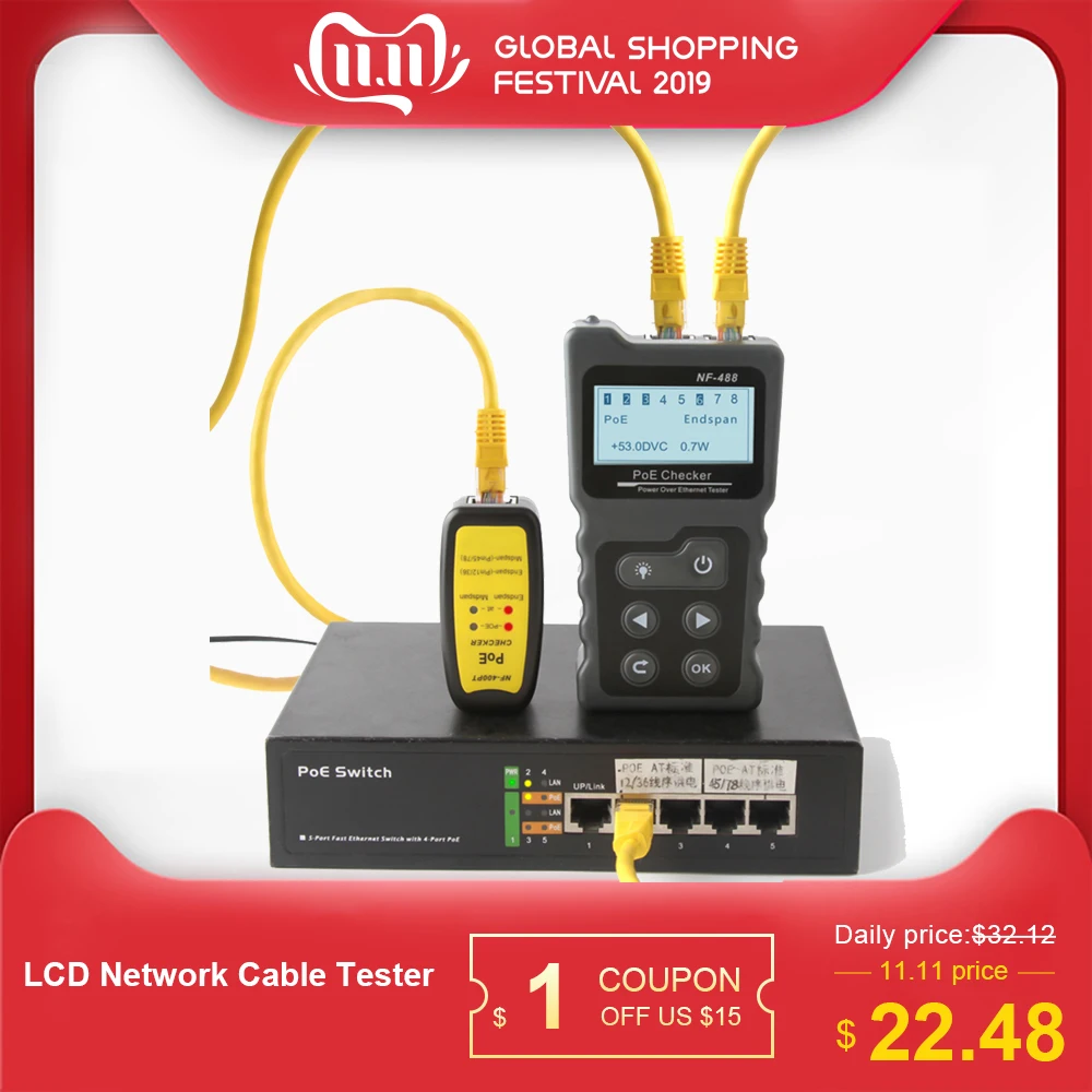 

LCD Network Cable Tester Lan tester PoE Checker Inline PoE Voltage and Current Tester with Cable Tester checker the Ethernet