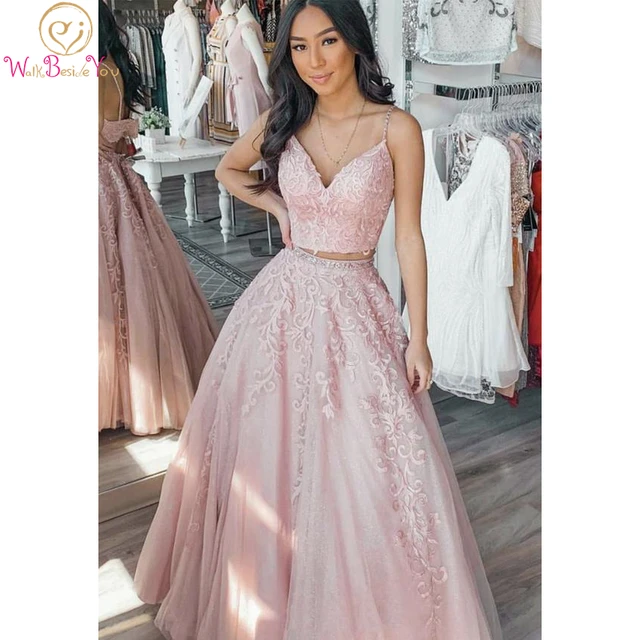 Pink Two Pieces Lace Long Prom Gown Formal Dress V-neck Spaghetti