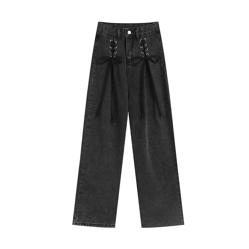 2022 Women Jeans Chic Quality High Waist Pockets Streetwear Trousers New Spring Autumn Lace Up Wide Vintage Fashion Leg Pants casual loose women jeans spring autumn 2022 new arrival wide leg pant chic denim trousers high waist frayed jeans