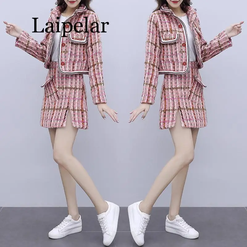 2020 autumn and winter wool coat and short skirt two-piece set female outfits ol warm plaid buttons 2pcs set