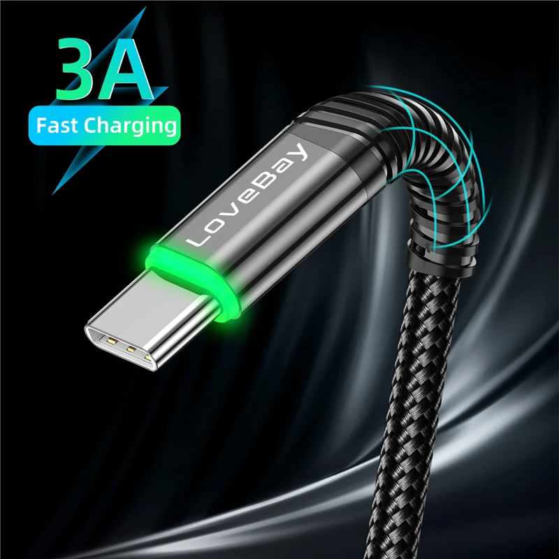 Lovebay светодиодный 3A usb type C кабель Quick Charge 3,0 для samsung S10 мобильный телефон зарядный провод USB C кабель для быстрой зарядки Xiaomi