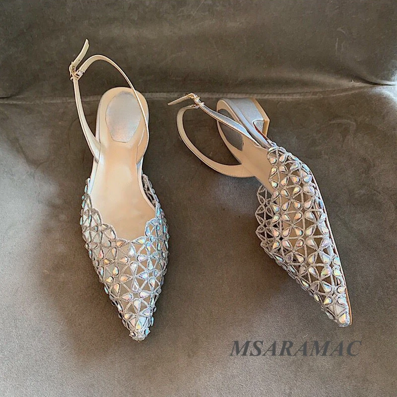 Босоножки женские на высоком каблуке пикантные сандалии с блестящими стразами