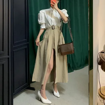 

New Spring Summer Casual Chic Two Pieces Sets Women Elegant Matching Long Pantskirts Single Breasted Split Vintage Lace Up Suit