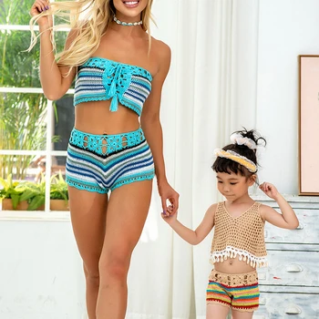 

Fors Crochet bandaeu sexy bikini Hollow out high waist vintage swimwear women Blue striped swimsuit female Beach bathing suit