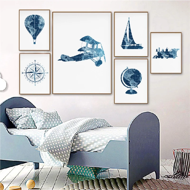 Blue Travel Nursery Wall Art Canvas Painting Pictures Hot Air Balloon Stampe Train World Map Adventure Poster Kids Room Decor