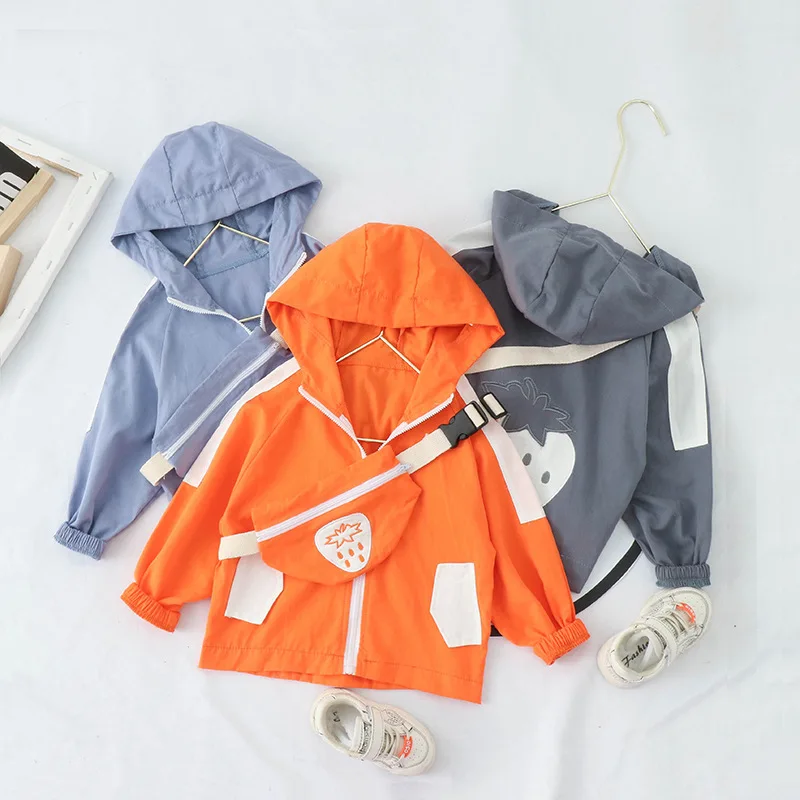 

New Style Zipper Hooded Children Single Blouse Spring Fashion Cute Strawberry Contrast Color Kids' Overcoat Casual Versatile