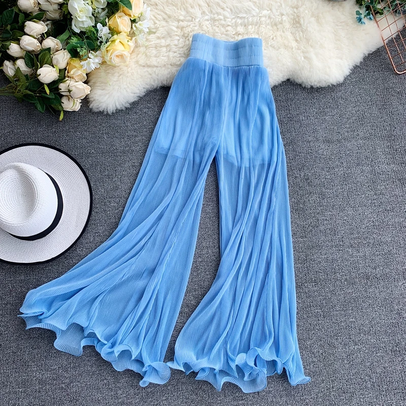 

2019 New Tide Ruffled Fishtail Flared Pants Solid Loose Elastic Empire Pleated Casual Full Length Mesh Wide Leg Pants Trousers