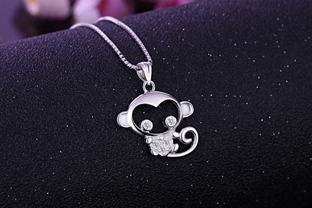 925 Sterling Silver Zodiac Monkey Year Pendant Playful Monkey Necklace Playful Zircon Crystal Love Necklace