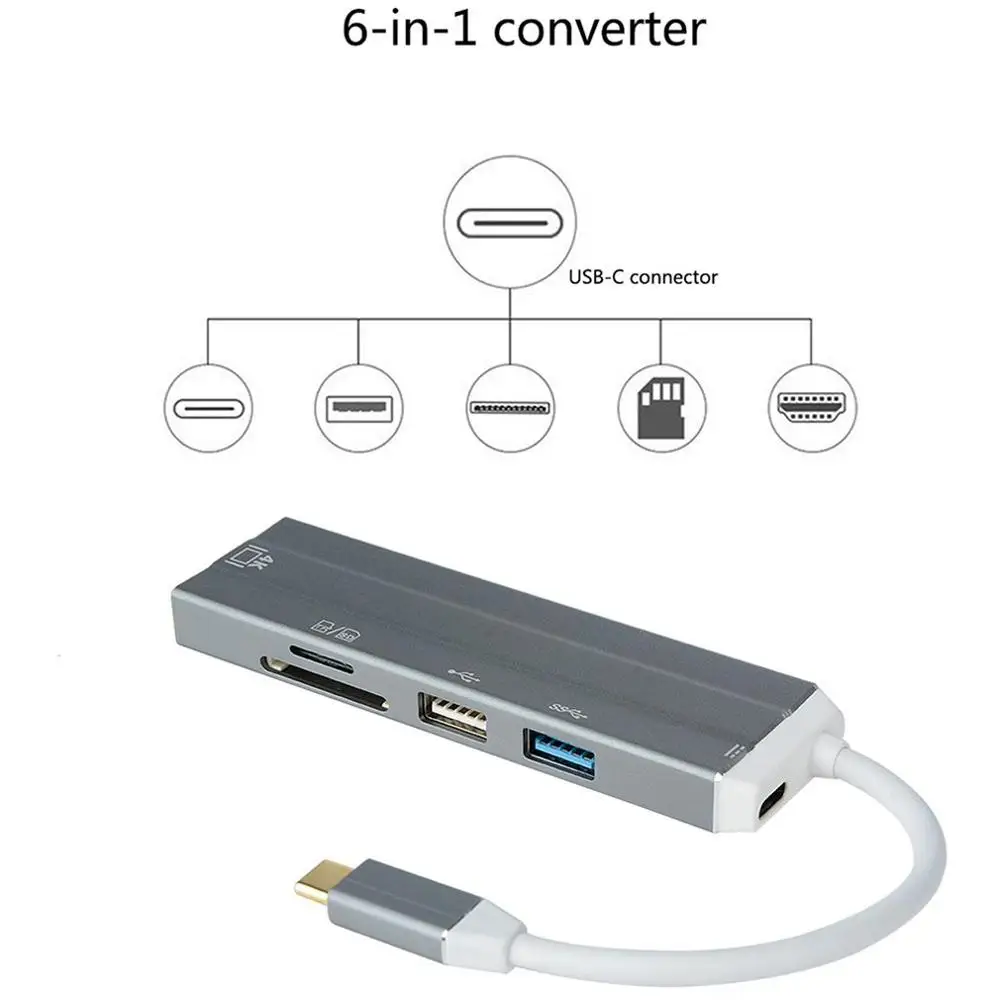 6 в 1 Usb-C концентратор 4K Hd видео аудио кабель адаптер Тип C к Hdmi Usb 3,0/Usb 2,0 с кардридером type C usb-хаб
