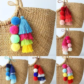 

1PCS Handmade Pom Pom Colorful 4 Layered Tassel Keychain Bag charms Gradient Colors Key Holder Bohemia Jewelry Gift for women