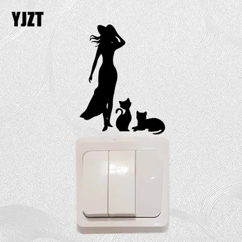 

YJZT Lady And Pet Cat Vinyl Decal Home Room Decor Cartoon Pattern Wall Switch Sticker Art Creative 17SS-0651
