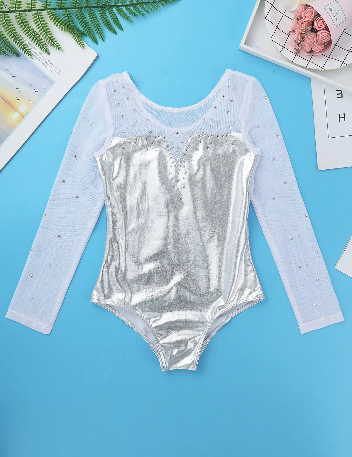 Kids Girls Sparkly Rhinestone Metallic Long Sleeve Mesh Ballet Dance Gymnastics Leotard Bodysuit Jumpsuit Modern Dancewer ballet leotard,dance leotard