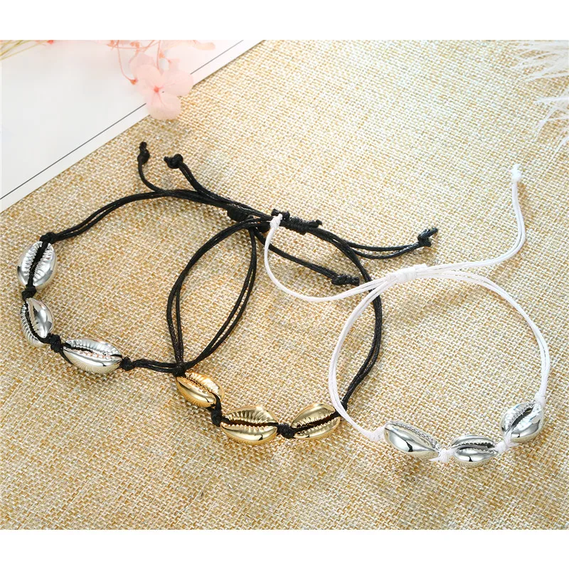 

1PC Trendy Alloy Shell Ajustable Bracelet Hand Chain Handmade Women Simple Seashell Weaving Rope Open Bracelet Jewelry B105