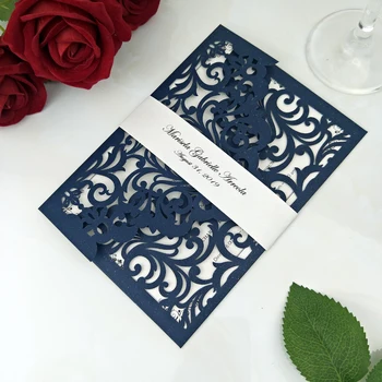 

Navy Blue Hollow Quinceanera Invitations Personalized Printing Laser Cut Wedding Party Invitation With Ivory Belly Belt