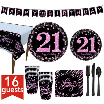 

114 Pc 21th/30th/40th/50th/60th Birthday Party Supplies Set Including Plates, Cups, Napkins,Banner and Tablecloth, 16 Guests
