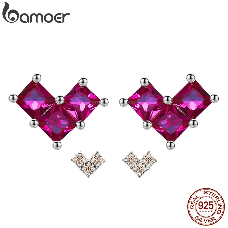 Bamoer геометрическое сердце миниатюрные серьги-гвоздики для женщин девушек корейский стиль серьги CZ камень 925 пробы серебряные ювелирные изделия BSE248