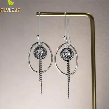 

Flyleaf Portrait Oval Medal Drop Earrings For Women Real 925 Sterling Silver Long Tassel Fine Earings Fashion Jewelry Vintage