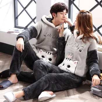 

2020 Flannel Couples Plush Pajamas Set Winter Thicker Hooded Men Pyjama Set Long Pants Animal Cartoon Printed Pijamas hombre