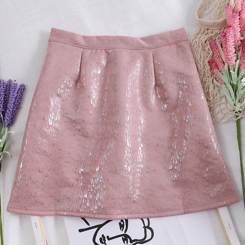 Винтажная Женская юбка Милая блестящая шикарная Осенняя Женская юбка с высокой талией Корейская Повседневная Женская мини-юбка с высокой талией 4 цвета - Цвет: Розовый