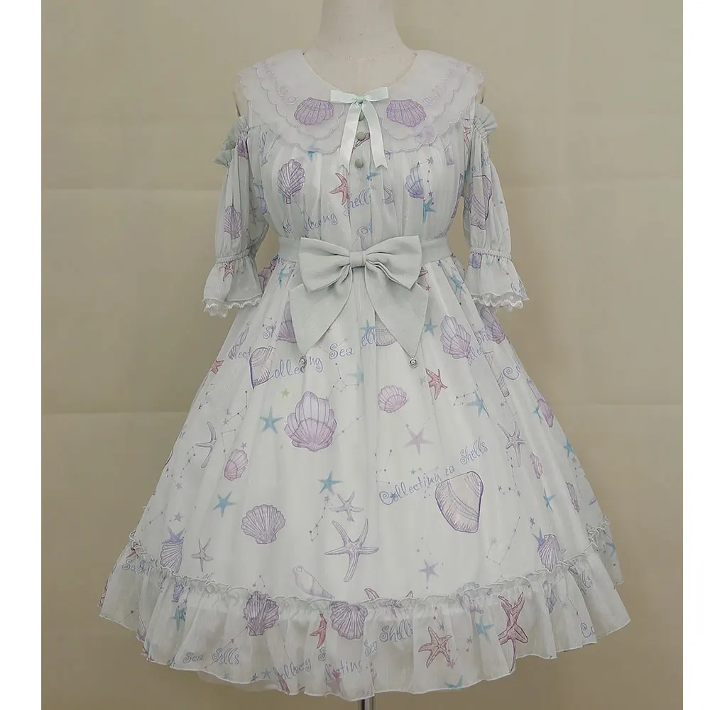

Star Fish & Shells ~ Sweet Printed Lolita Dress Cold Shoulder Short Sleeve Party Dress