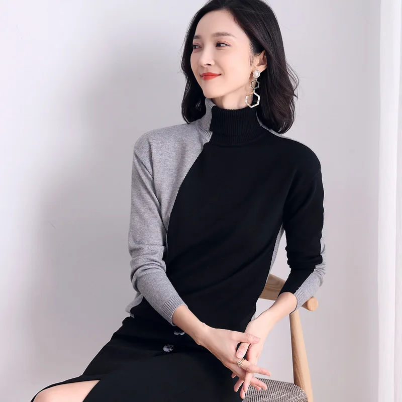 

Knitted Pullovers Women Sweaters 2019 New Elegant Turtleneck Chic Pullover Contrast Color Knitted Sweater Pull Femme Female Top