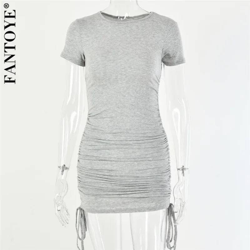 FANTOYE Ruched Drawstring Bodycon Dress Women Sexy Short Sleeve Club Party Dress Ladies Solid Skinny Elegant Dress Summer 2020