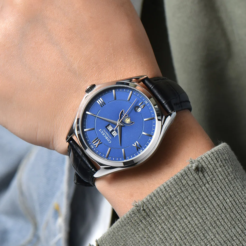 Мужские часы Corgeut 41 мм с автоматическим перемещением, с синим циферблатом, с Луной, фазой, датой, месяцем, водонепроницаемые мужские часы с кожаным ремешком