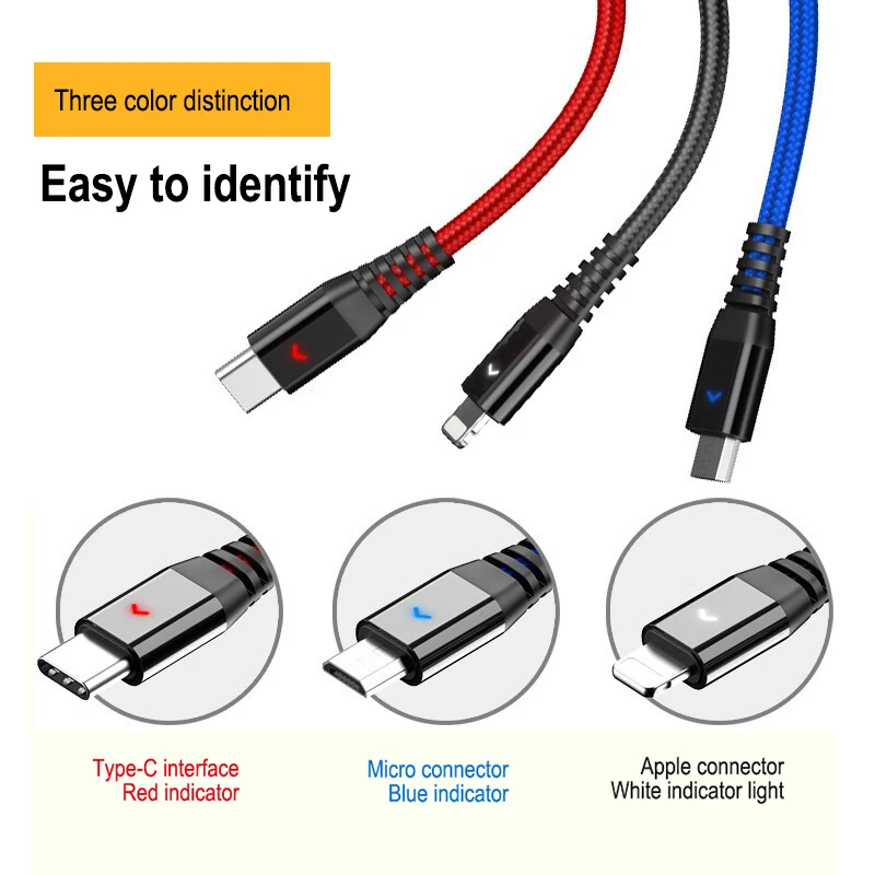 3в1 светодиодный usb кабель для зарядки 3в1 Micro usb type C 8-контактный кабель для зарядки iPhone huawei Мульти Usb порт несколько Usbc телефонный кабель