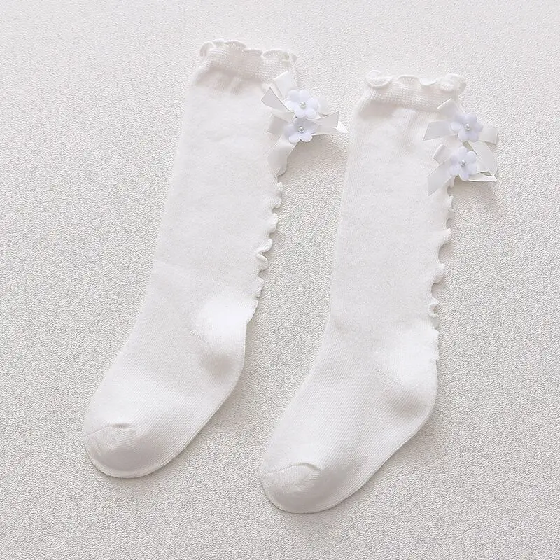 Носки для малышей Гольфы принцессы для девочек, хлопковые кружевные детские носки с бантиками для девочек, теплые носки для малышей - Цвет: White