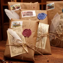 Sacs en papier Kraft avec plume pour billet de Train, timbre Vintage inachevé pour bricolage, projets faits à la main, cadeaux, artisanat