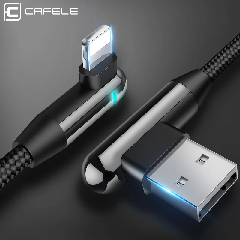 Светодиодный usb-кабель Cafele 90 градусов для iPhone 11 pro X Xr Xs Max 8 7 6s Plus, зарядное устройство, мобильные игровые usb-кабели для iPhone XR