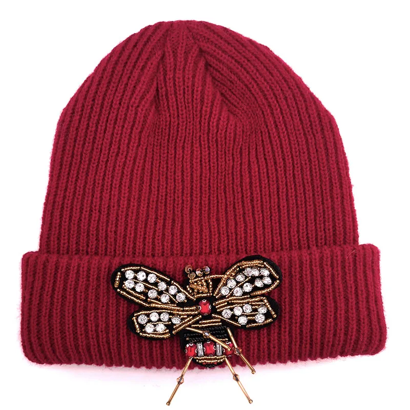 Brangdy Women Bee Knit Beanie Hat Winter Autumn for Ladies Slouchy Cotton Ribbed Skullies Beanies Cap Novelty Bonnet Femme Gorro