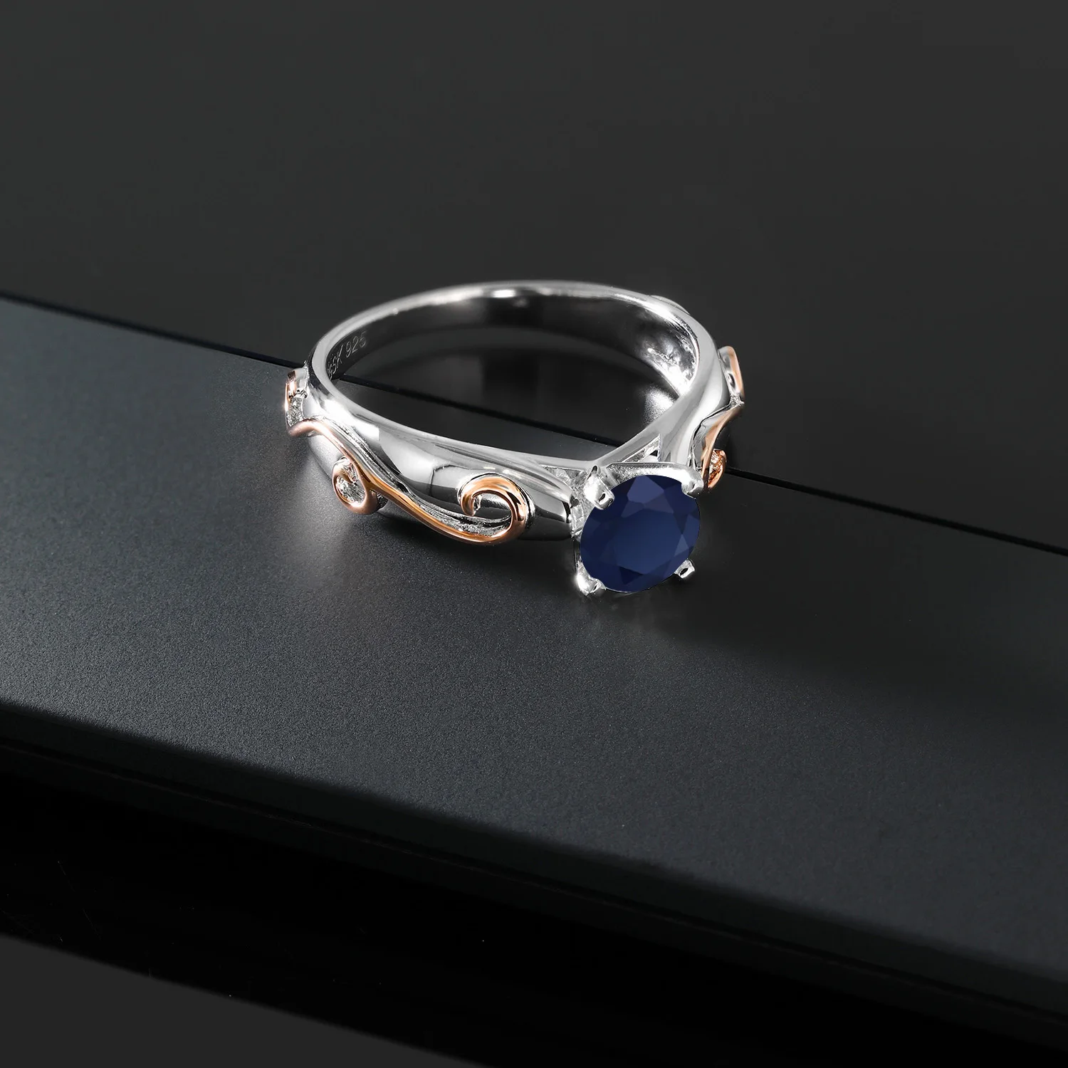 GemStoneKing 1,00 Ct круглое натуральное голубое сапфировое обручальное кольцо 925 пробы серебро 2 тона лоза кольца для женщин