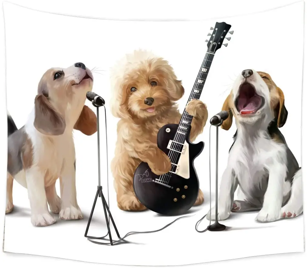 Animal Dog Music party Tapestry Funny Musician Pug Playing Guitar Wall for Bedroom Living Room Dorm | Дом и сад