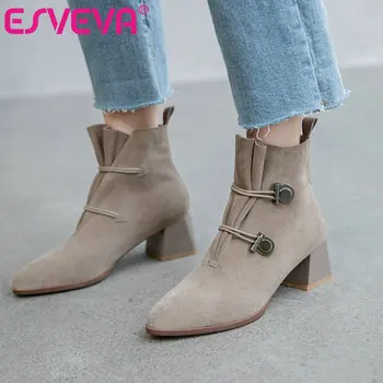 

ESVEVA 2020 Women Shoes Winter Ankle Boots Square Med Heel Sweet Style Pointed Toe Flock Motorcycle Platform Boot Size 34-39