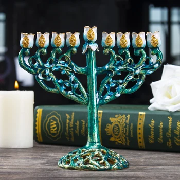 

H&D 9 Branch Hanukkah Candles Menorah Hand Painted Vine of Flowers Curved Chanukiah Menorah Home Decor Jerusalem Gift(Green)