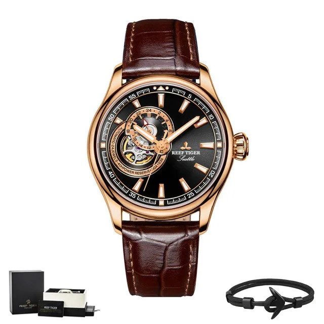Риф Тигр бренд Tourbillon механические Роскошные автоматические часы водонепроницаемые светящиеся синие циферблат кожаные мужские часы Reloj Hombre - Цвет: RGA1639-PBS