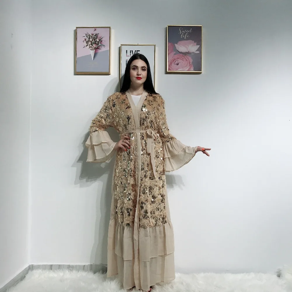 Elegnat мусульманское с блестками абайя с расклешенными рукавами макси платье длинное платье кимоно Рамадан ИД мусульманская молитва одежда служение
