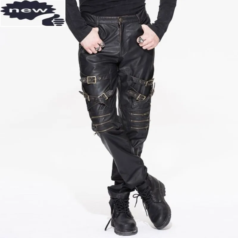 

Gothic Mens Punk High Quality Buckle Zipper Designer Biker Cow Leather Straight Pants Man Rock Loose Fit Trousers